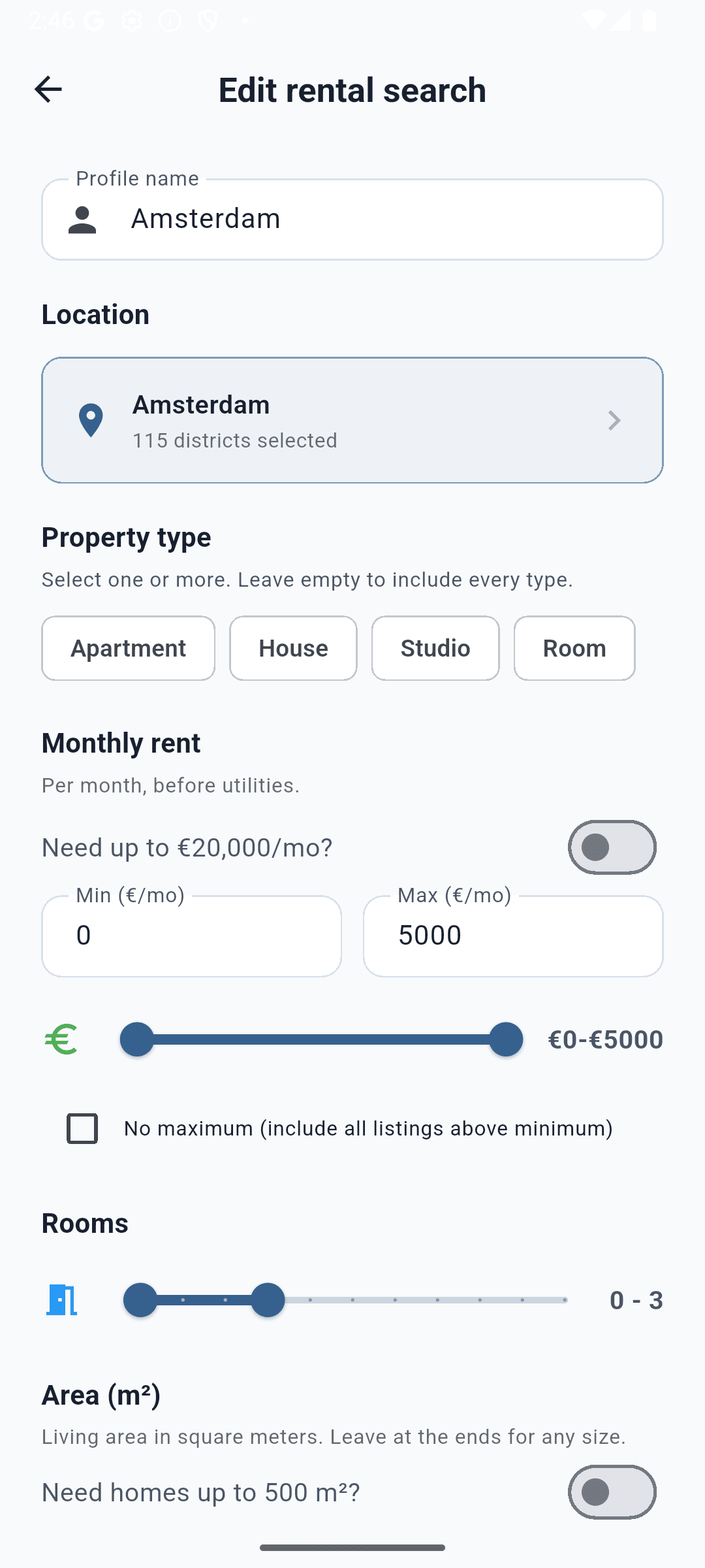 Creating a new rental search profile in HubSnap