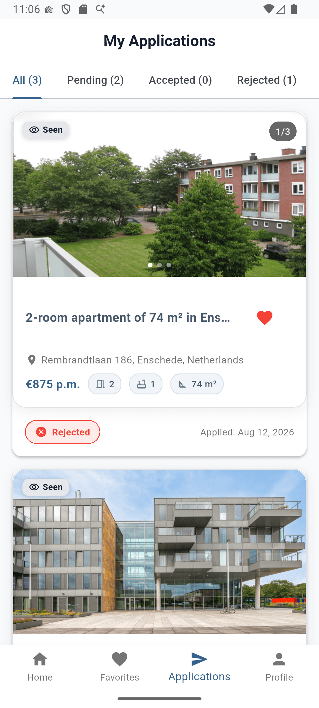 HubSnap application tracking with pending, accepted, and rejected statuses