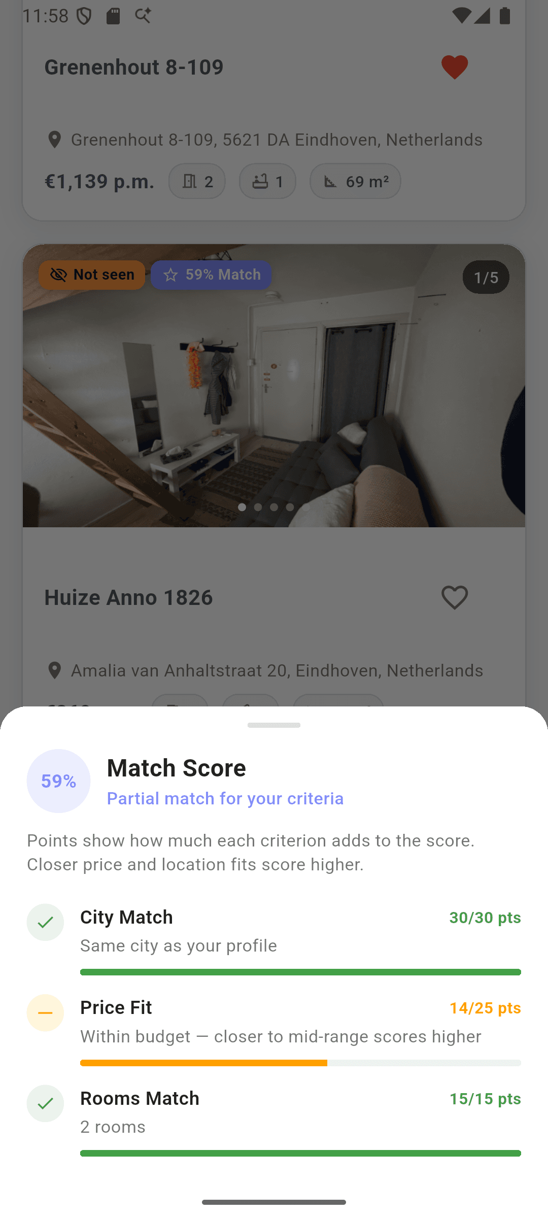 HubSnap match score breakdown for a listing